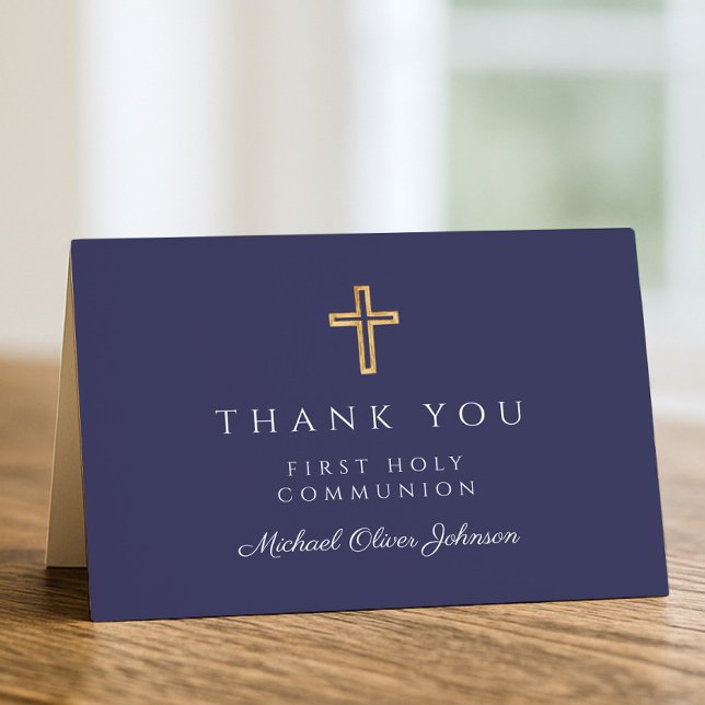 Elegant Navy Blue Boy First Communion  Tack Kort (Elegant Navy Blue Boy First Communion Thank You Card)