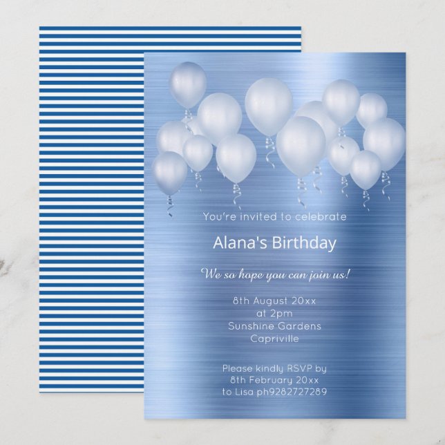 ELEGANT NAVY BLUE BRUSHED METALL BALOON BIRTHDAY INBJUDNINGAR (Fram/baksida)
