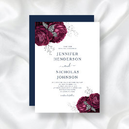 Elegant Navy Blue Burgundy Blommigt Peonies Bröllo Inbjudningar