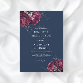 Elegant Navy Blue Burgundy Blommigt Peonies Bröllo Inbjudningar