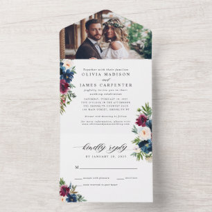 Elegant Navy Blue Burgundy Blommigt Photo Bröllop