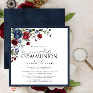 Elegant Navy Blue Burgundy First Heliga Communion Inbjudningar