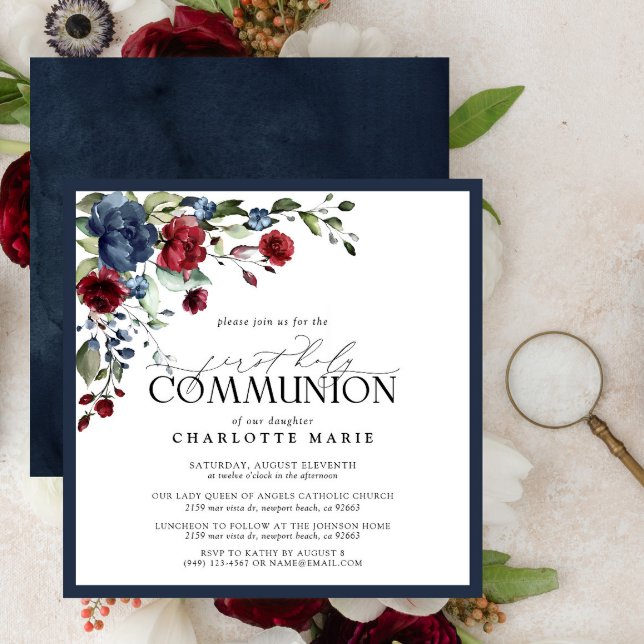 Elegant Navy Blue Burgundy First Heliga Communion Inbjudningar (Skapare uppladdad)