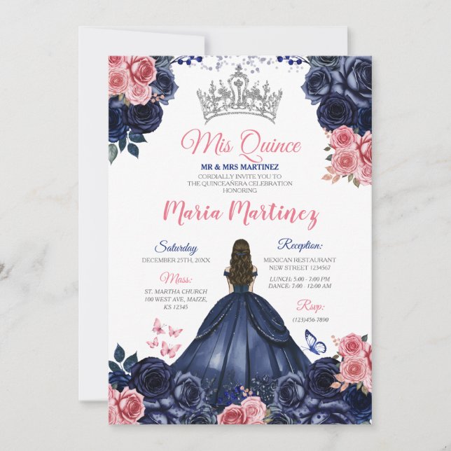 Elegant Navy Blue Butterfly Pink Floral Mis Quince Inbjudningar (Framsida)