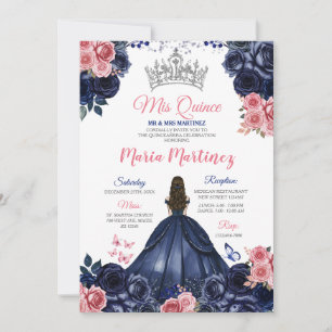Elegant Navy Blue Butterfly Pink Floral Mis Quince Inbjudningar