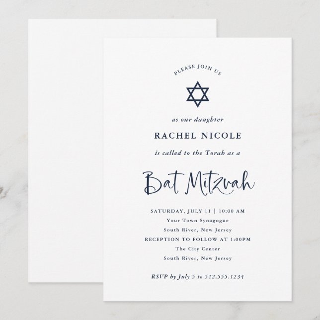 Elegant Navy Blue Calligraphy | Bat mitzvah Inbjudningar (Fram/baksida)