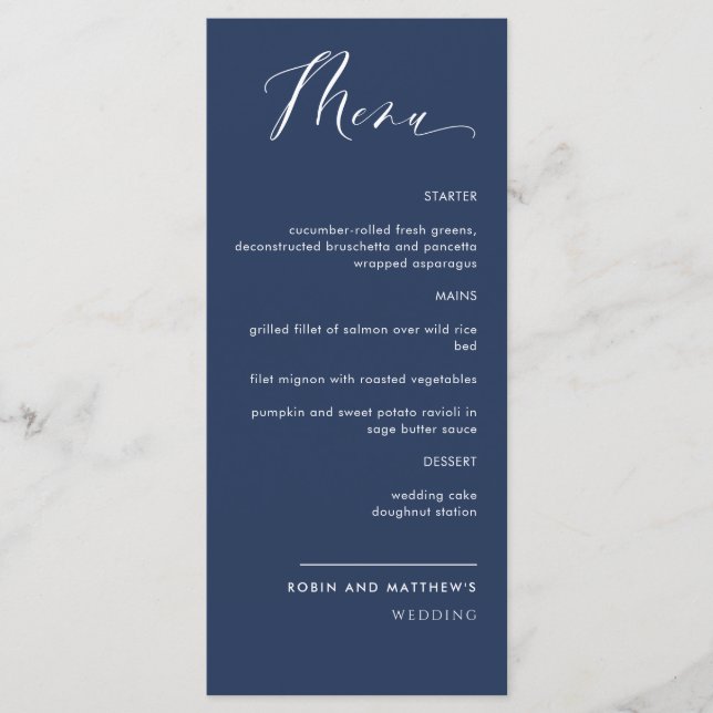 Elegant navy Blue Calligraphy Bröllop Menu Meny (Framsida)