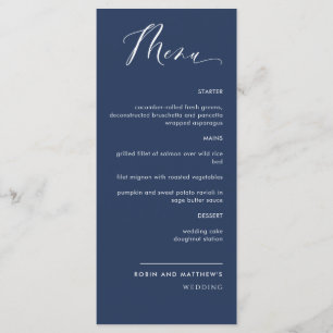 Elegant navy Blue Calligraphy Bröllop Menu Meny