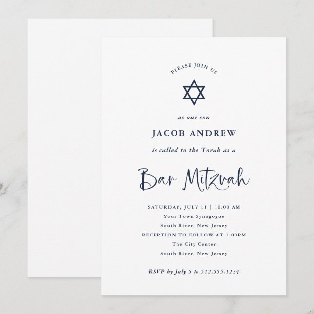 Elegant Navy Blue Calligraphy | Pub Mitzvah Inbjudningar (Fram/baksida)