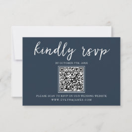 Elegant Navy Blue Calligraphy QR Code Bröllop OSA Kort