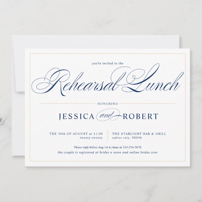 Elegant Navy Blue Calligraphy Rehearsal Lunch Inbjudningar (Framsida)