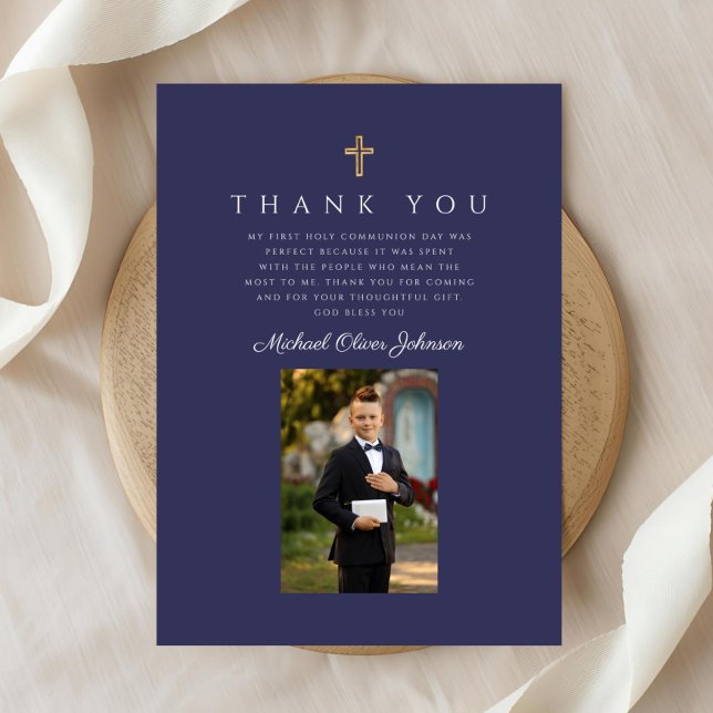 Elegant Navy Blue Catholic Boy First Communion Tack Kort (Elegant Navy Blue Catholic Boy First Communion Thank You Card)