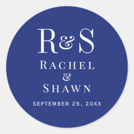 Elegant Navy Blue Chic Modern Monogram Bröllop Runt Klistermärke