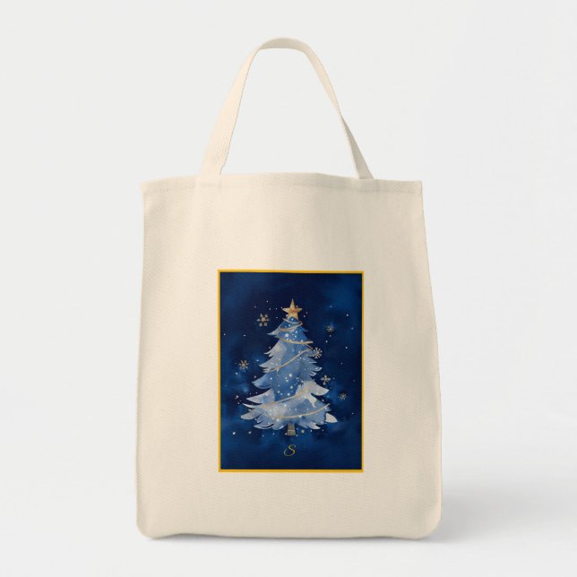 Elegant Navy Blue Christmas Tree Monogram Tygkasse (Framsidan)