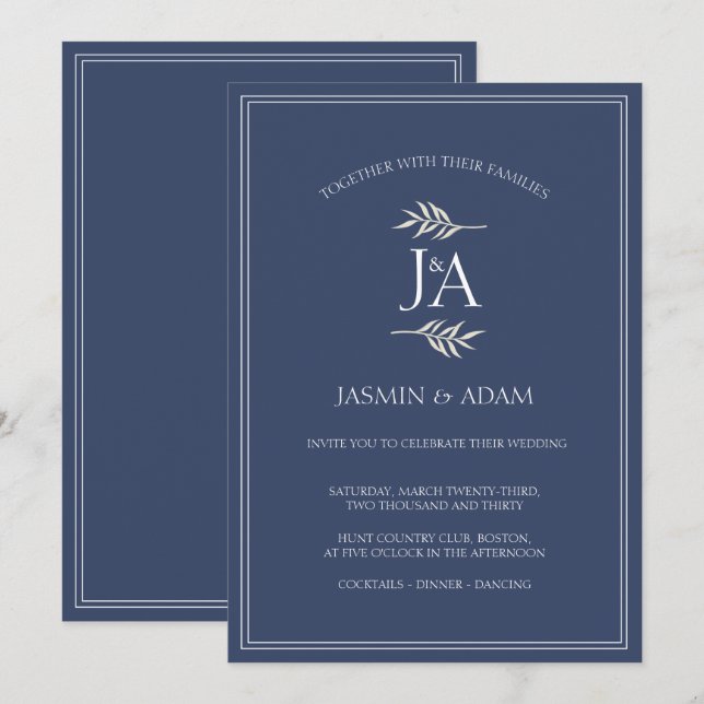 Elegant Navy Blue Classic Initialer Bröllop Inbjudningar (Fram/baksida)