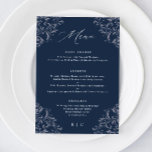 Elegant Navy Blue Classic Vintage bröllop Menu Meny<br><div class="desc">Elegant Navy Blue Bröllop Menu: Den här lyxmenyn bröllop är perfekt för en elegant,  klassisk marinblått bröllop. Den har en vintage eller gräns med modern och elegant kalligrafi. Se alla matchande mörk blått bröllop-produkter nedan.</div>