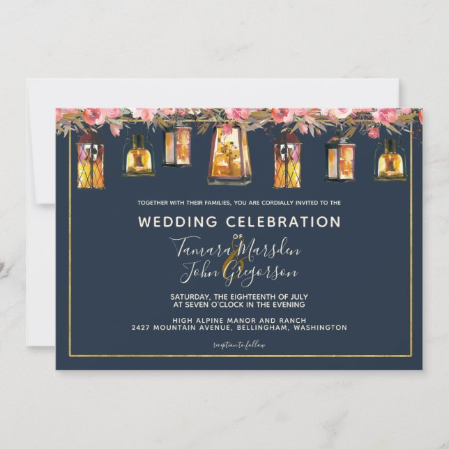 Elegant Navy Blue Coral Blommigt Photo Bröllop Inbjudningar (Framsida)