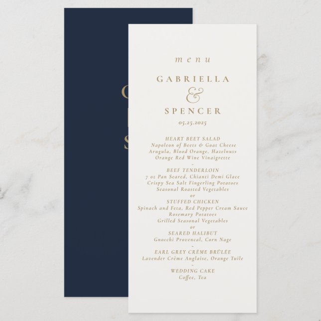 Elegant Navy Blue Cream Bröllop Menu Meny (Fram/baksida)