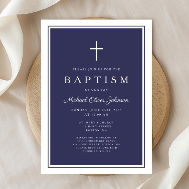 Elegant Navy Blue Cross Baby Boy Baptism Inbjudningar (Elegant Navy Blue Cross Baby Boy Baptism Invitation)