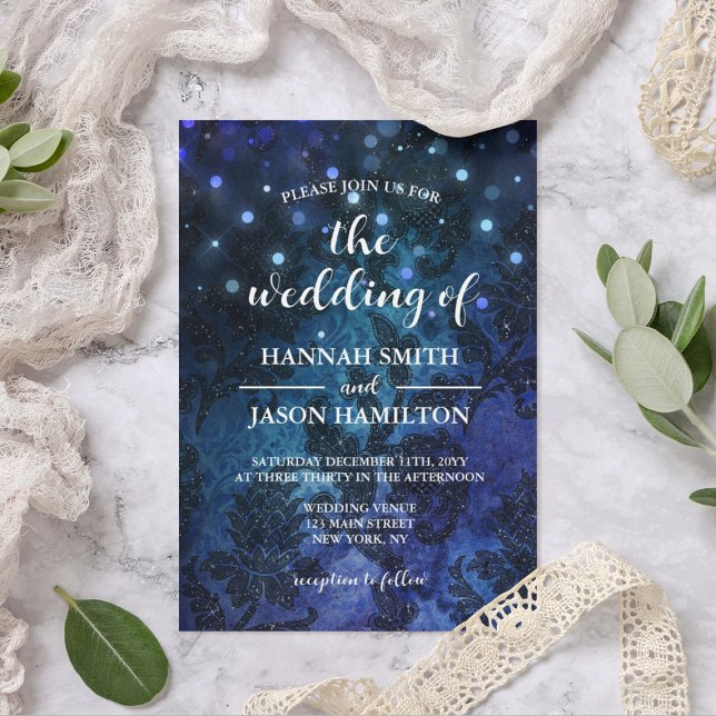 Elegant Navy Blue Enchanted Whimsical Bröllop Inbjudningar (Elegant Navy Blue Enchanted Whimsical Wedding Invitation
)