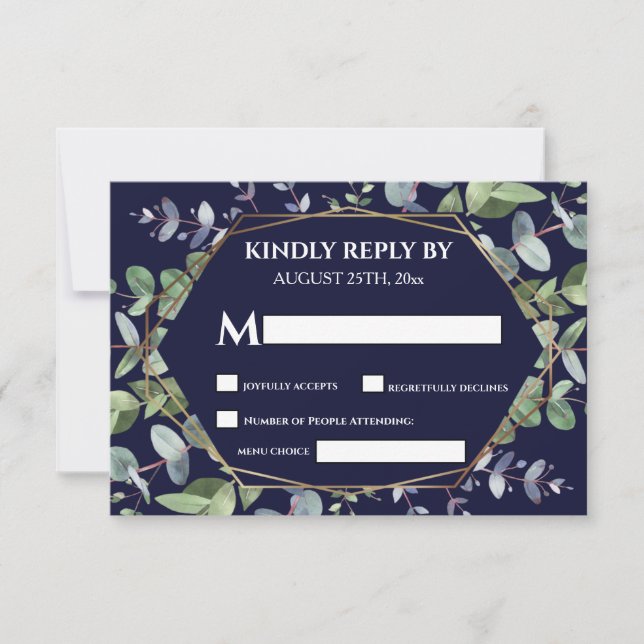 Elegant Navy Blue Eucalyptus Greenery Bröllop OSA Kort (Framsida)
