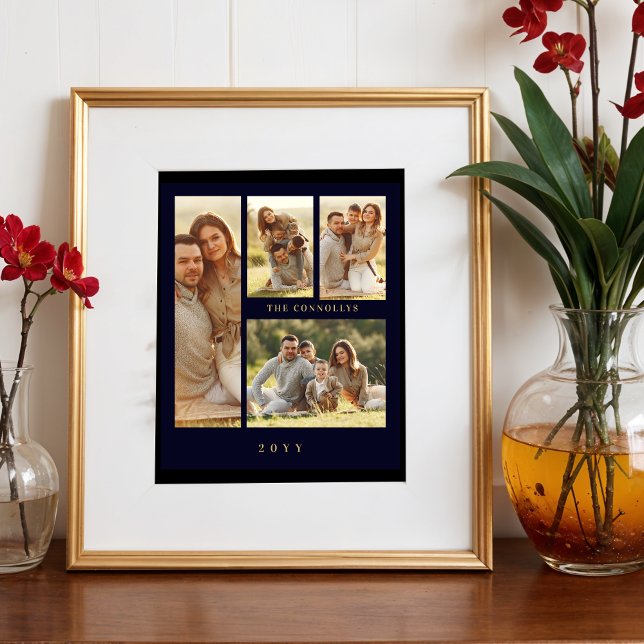 Elegant Navy Blue & Fake Classic 4 Muli Photos Fototryck (Elegant Navy Blue & Fake Gold Simple Classic 4 Multi Photos Collage Family Photo Print.)