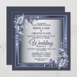 Elegant Navy Blue Floral Framed Silver Wedding Inbjudningar