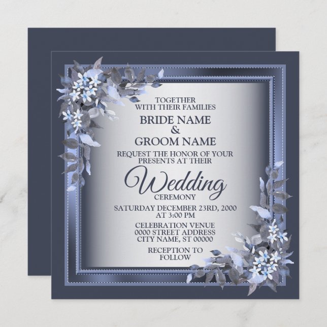Elegant Navy Blue Floral Framed Silver Wedding Inbjudningar (Fram/baksida)