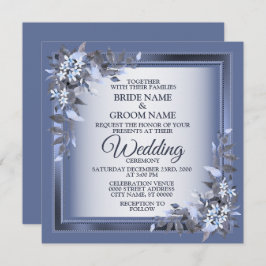 Elegant Navy Blue Floral Framed Silver Wedding Inbjudningar