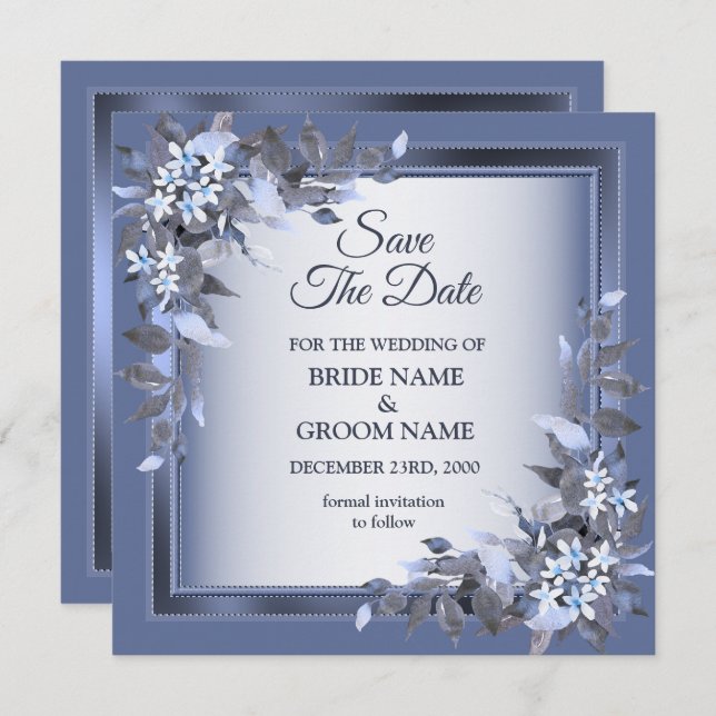 Elegant Navy Blue Floral Framed Silver Wedding Spara Datumet (Fram/baksida)