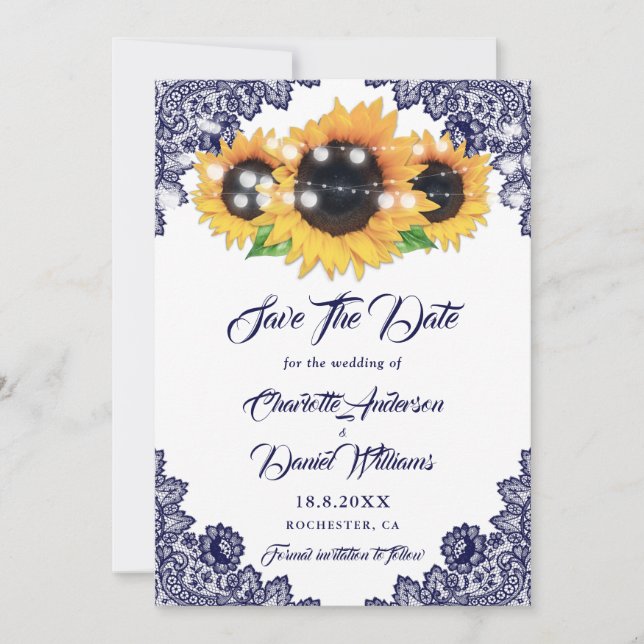Elegant Navy Blue Floral Lace Sunflower Wedding Spara Datumet (Framsida)