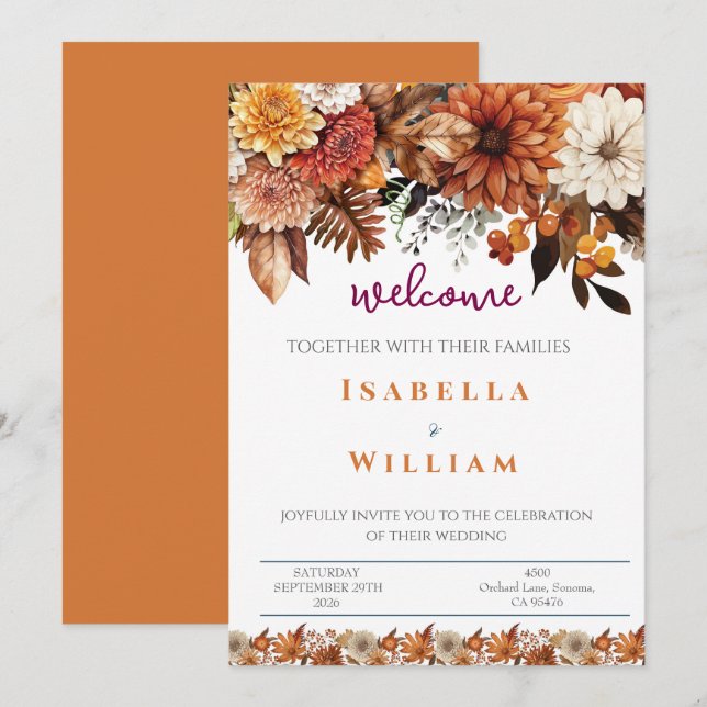 Elegant  Navy Blue Floral Wedding Inbjudningar (Fram/baksida)