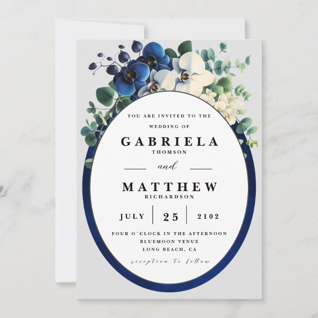 Elegant Navy Blue Floral Wedding Invitation | Edit Inbjudningar (Framsida)