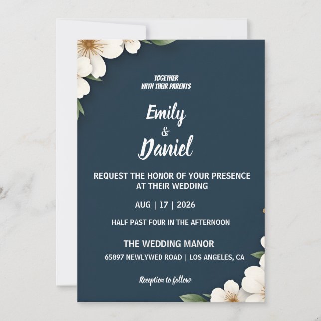 Elegant Navy Blue Floral Wedding Invitation Inbjudningar (Framsida)