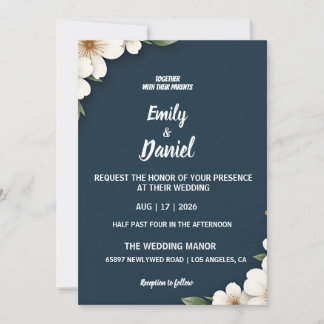 Elegant Navy Blue Floral Wedding Invitation Inbjudningar