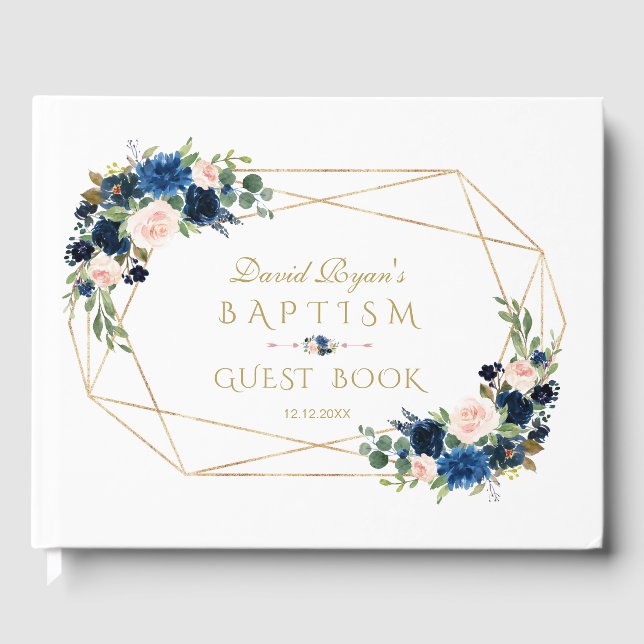 Elegant Navy Blue  Flowers Guld Boy Baptism Gästböcker (Framsida)