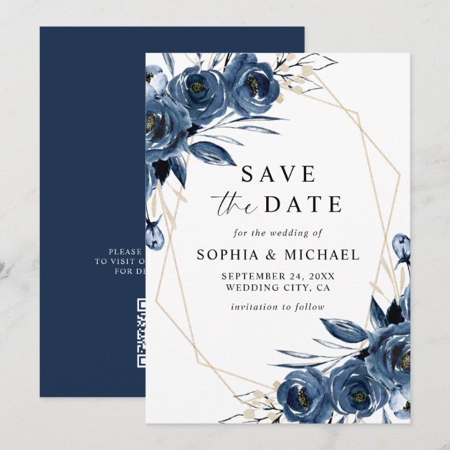 Elegant Navy Blue Flowers & QR Code Wedding  Spara Datumet (Fram/baksida)