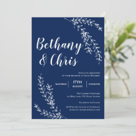 Elegant Navy Blue Foliage Minimalist Bröllop Inbjudningar