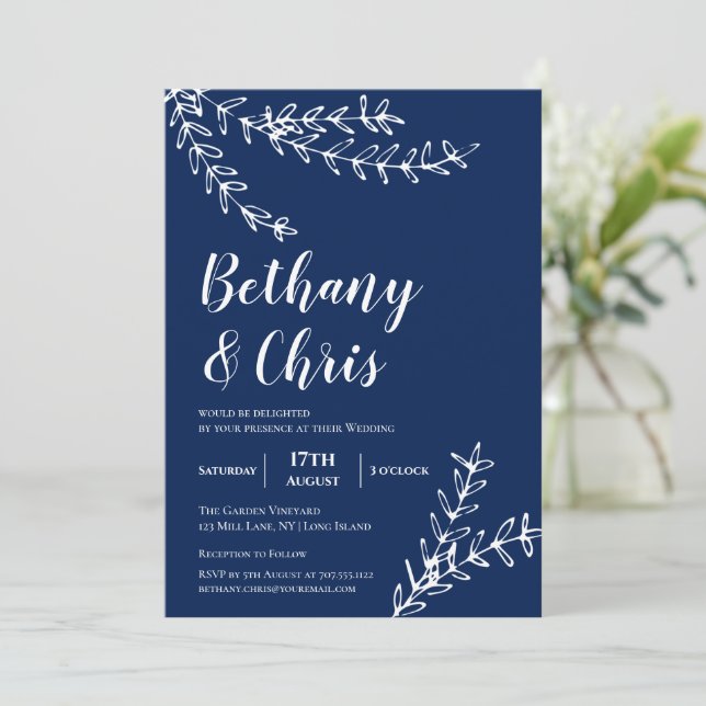 Elegant Navy Blue Foliage Minimalist Bröllop Inbjudningar (Stående Fram)
