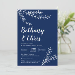 Elegant Navy Blue Foliage Minimalist Bröllop Inbjudningar
