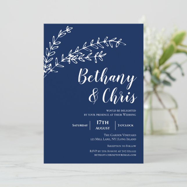 Elegant Navy Blue Foliage Minimalist Bröllop Inbjudningar (Stående Fram)