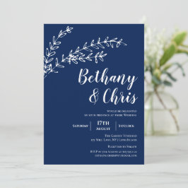 Elegant Navy Blue Foliage Minimalist Bröllop Inbjudningar