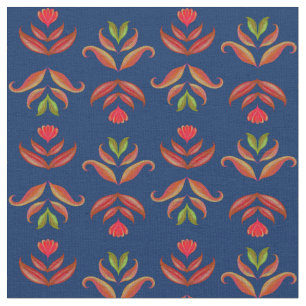 Elegant Navy Blue Folk Art Blommigt Rustic Mysigt Tyg