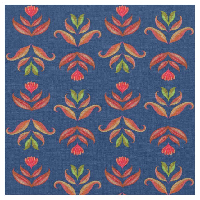 Elegant Navy Blue Folk Art Blommigt Rustic Mysigt  Tyg (Närbild)