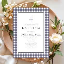 Elegant Navy Blue Gingham Boy Baptism Inbjudningar