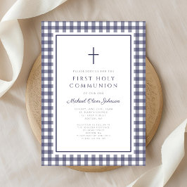 Elegant Navy Blue Gingham Boy First Communion Inbjudningar