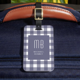 Elegant Navy Blue Gingham Monogram Bagagebricka