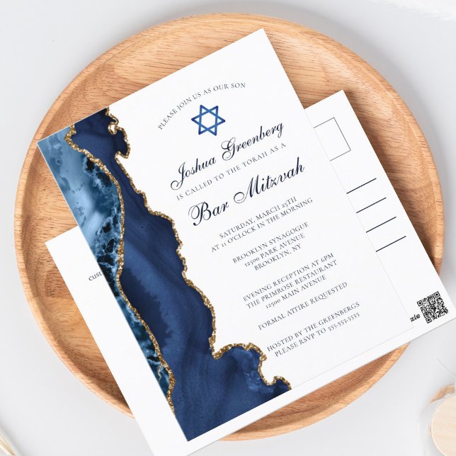 Elegant Navy Blue Gold Agate Bar Mitzvah-fest Vykort (Skapare uppladdad)