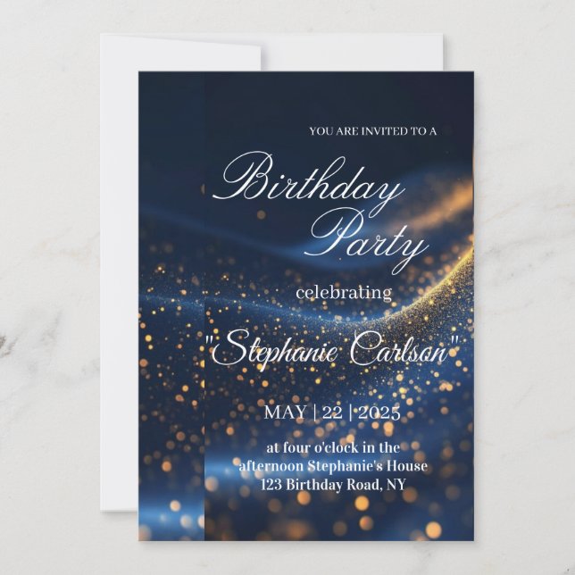 Elegant Navy Blue & Gold Birthday Party Invitation Inbjudningar (Framsida)