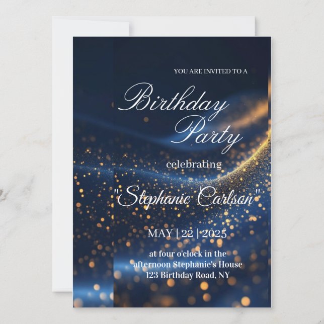 Elegant Navy Blue & Gold Birthday Party Invitation Kort (Framsida)